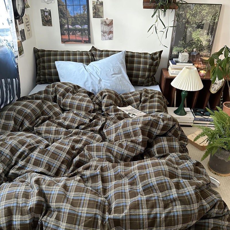 MKXI Full Size Blue, Brown & Green Buffalo Plaid Duvet Cover Set - 3 Piece Vintage Aesthetic Bedding Set, 100% Washed Cotton, Minimalist Design, Soft & Breathable Duvet Cover with Zipper Closure - Image 2